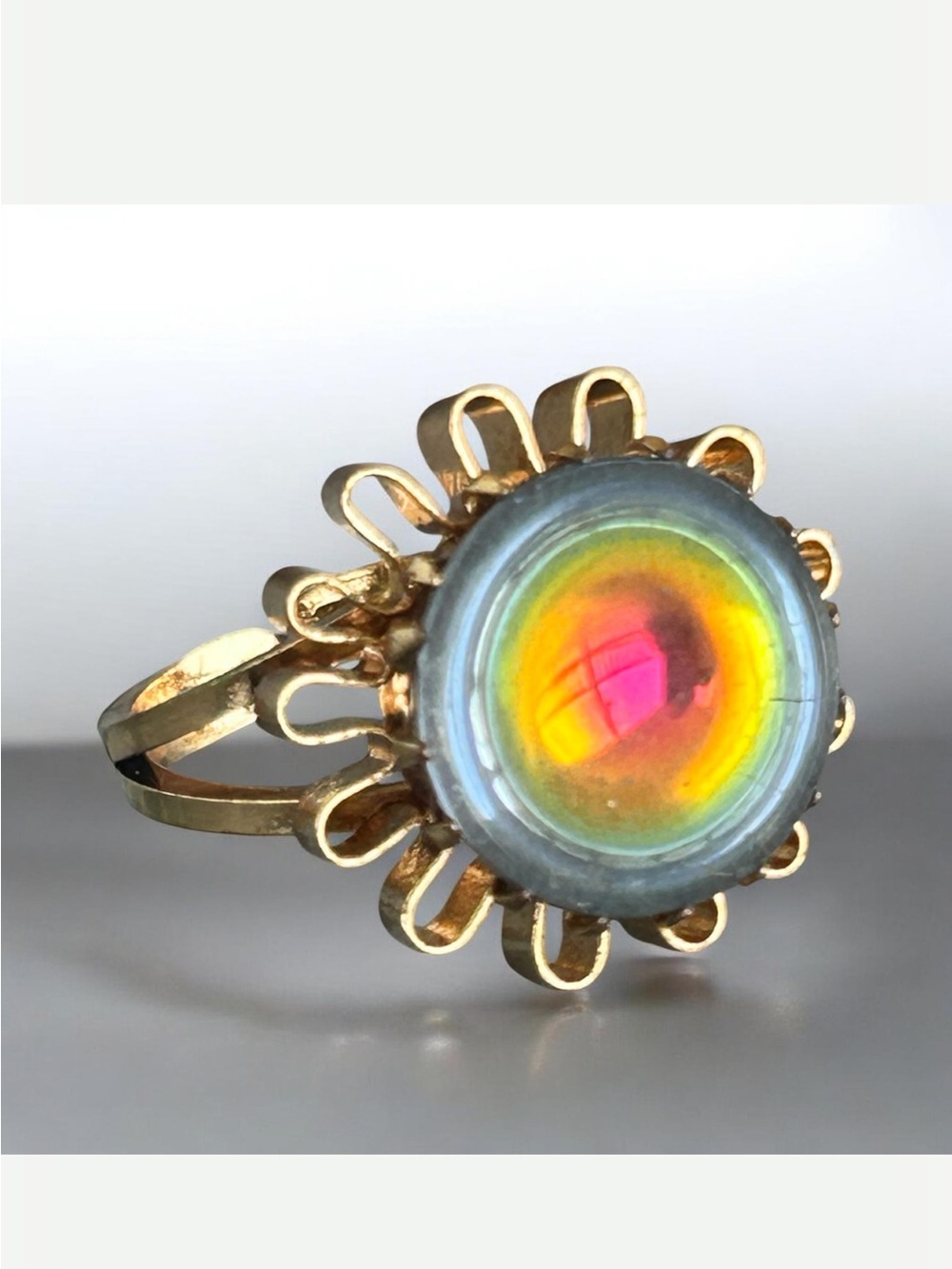 Vintage Signed West Germany Glass Brass/Gold-Tone Aurora Ring Adjustable